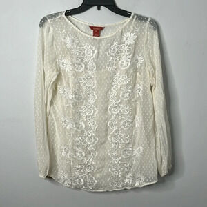 Sundance White Silk Floral Embroidered Swiss Dot Blouse